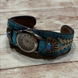 Navajo Artisan Opal Silver Turquoise Leather Women's Cuff Watch